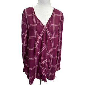 Kenzie Burgundy Plaid V-Necl Long Sleeve Blouse Top Size L